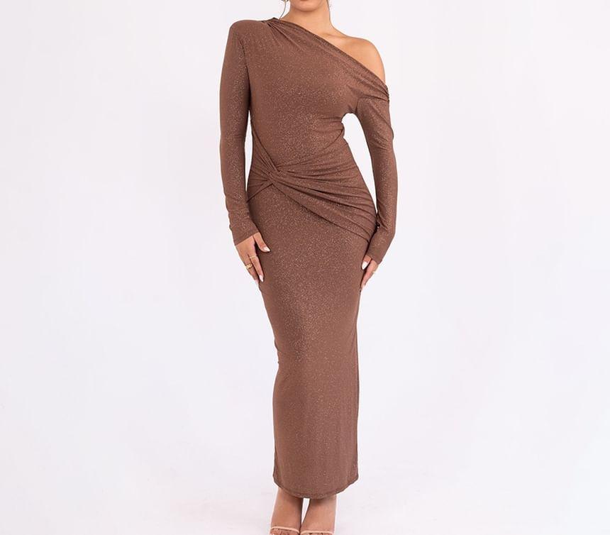 Long-Sleeve Asymmetrical Plain Maxi Sheath Dress Product Image