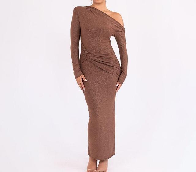 Long-Sleeve Asymmetrical Plain Maxi Sheath Dress Product Image