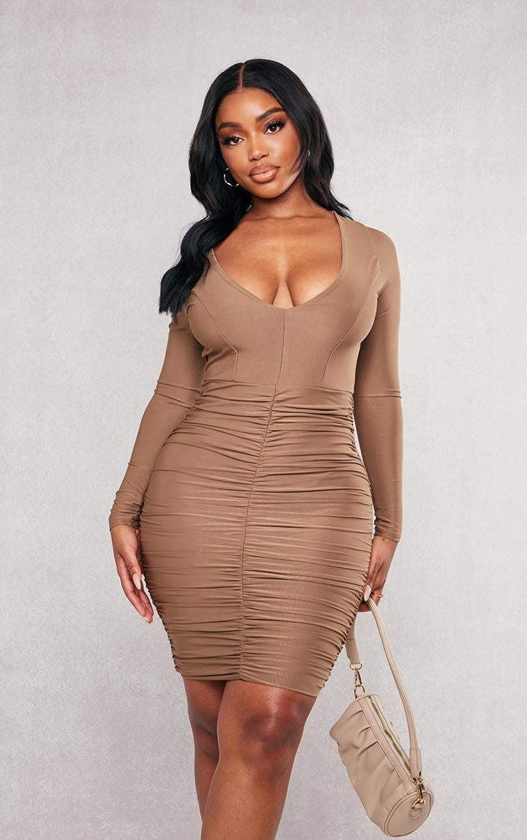 Shape Taupe Slinky Ruched Mini Dress Product Image