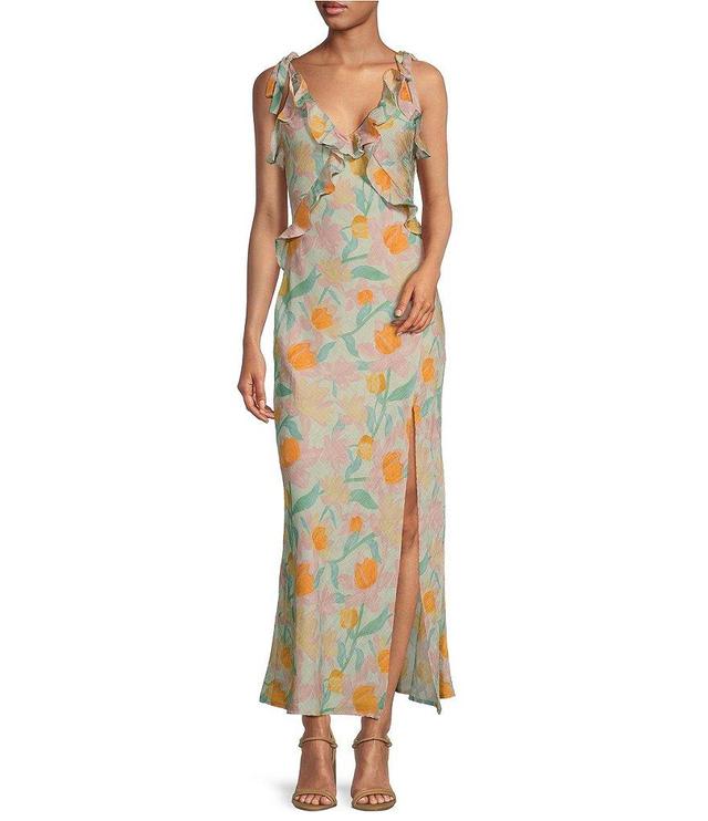 ASTR the Label Sorbae Floral Print Ruffle V-Neck Sleeveless Side Slit Maxi Dress Product Image