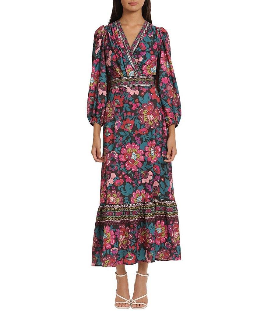 Donna Morgan Stretch Floral Printed Surplice V Neckline Long Puff Sleeve Maxi Dress Product Image