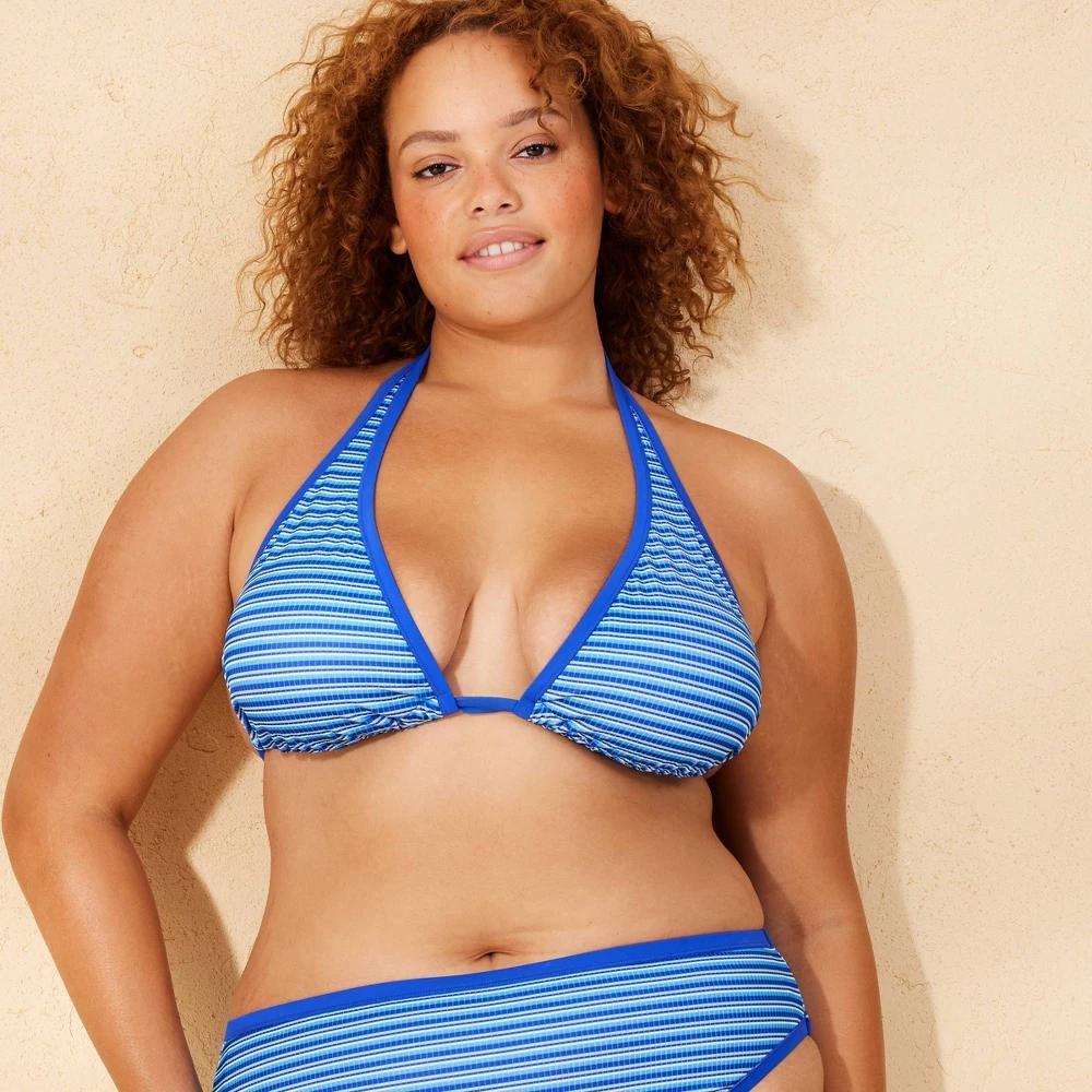 Womens Ribbed Textured Tall Triangle Bikini Top - Wild Fable Blue/White Striped 3X Product Image