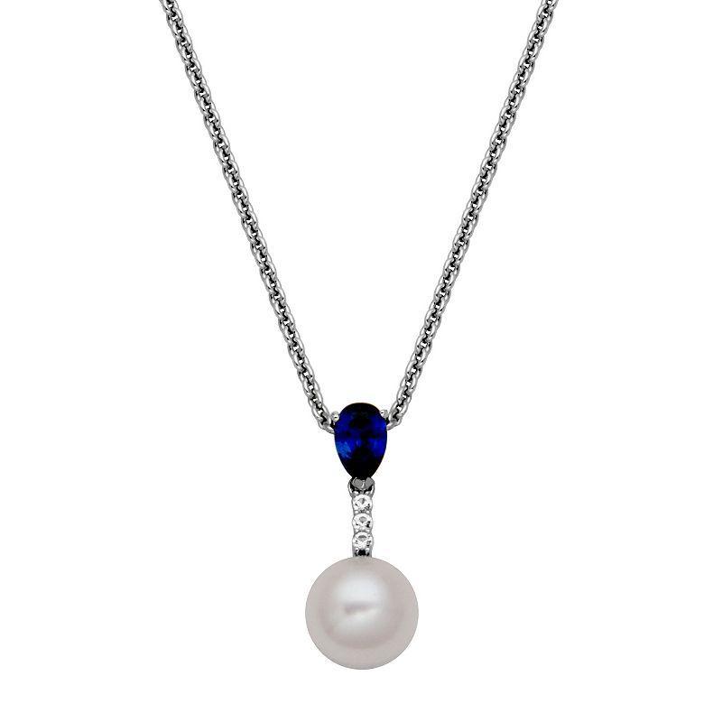 Sterling Silver Genuine Cultured Pearl, Lab-Created Blue Sapphire & Cubic Zirconia Drop Pendant Necklace, Womens White Product Image