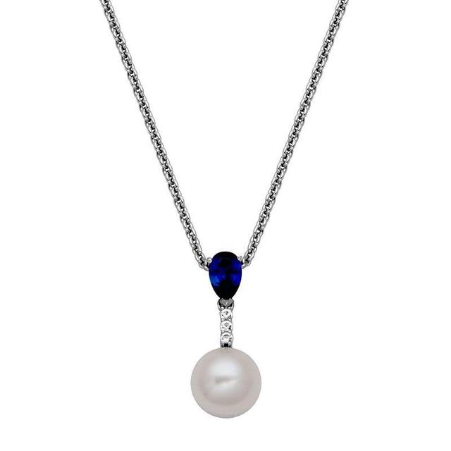 Sterling Silver Genuine Cultured Pearl, Lab-Created Blue Sapphire & Cubic Zirconia Drop Pendant Necklace, Womens White Product Image