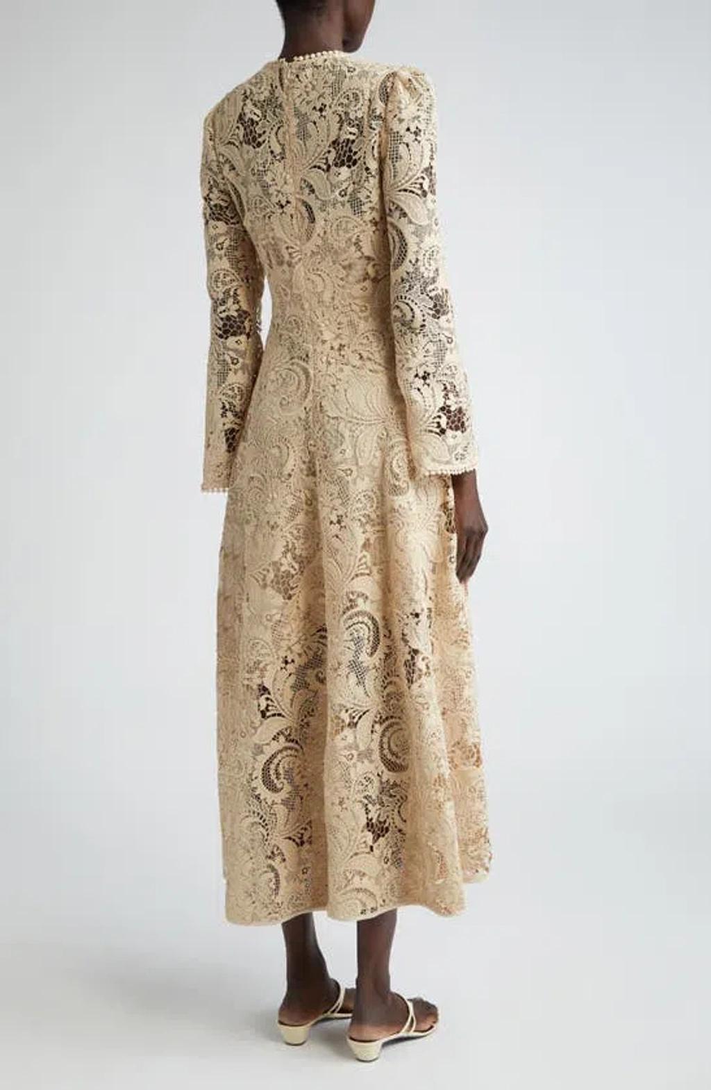 ZIMMERMANN Waverly Long Sleeve Lace Midi Dress In Taupe Product Image