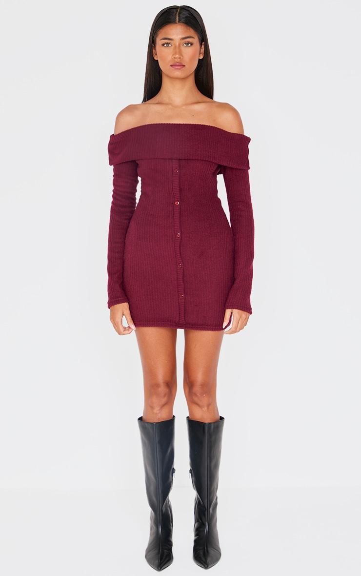 Burgundy Brushed Rib Button Down Bodycon Dress Product Image