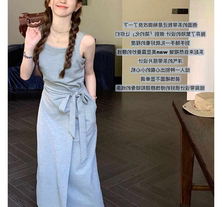 Wide Strap Plain Tie-Side Midi A-Line Wrap Dress Product Image