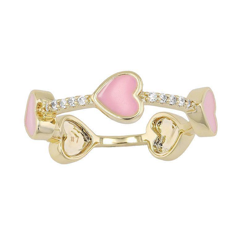 14k Gold Over Silver Cubic Zirconia Enamel Heart Stacking Ring, Womens Pink Product Image