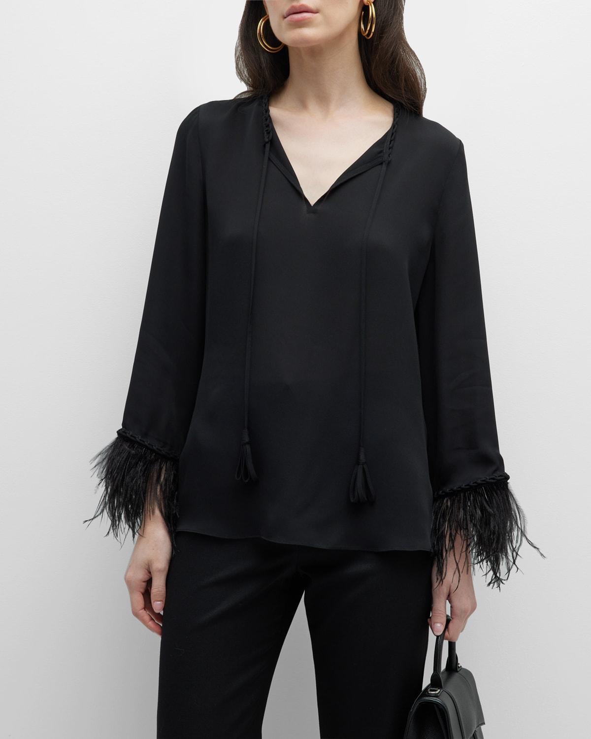 Jilly Silk Blouse w/ Feather Trim Product Image