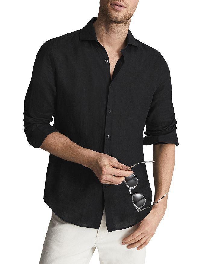 REISS Mens Black Ruban Regular-fit Long-sleeve Linen Shirt Product Image