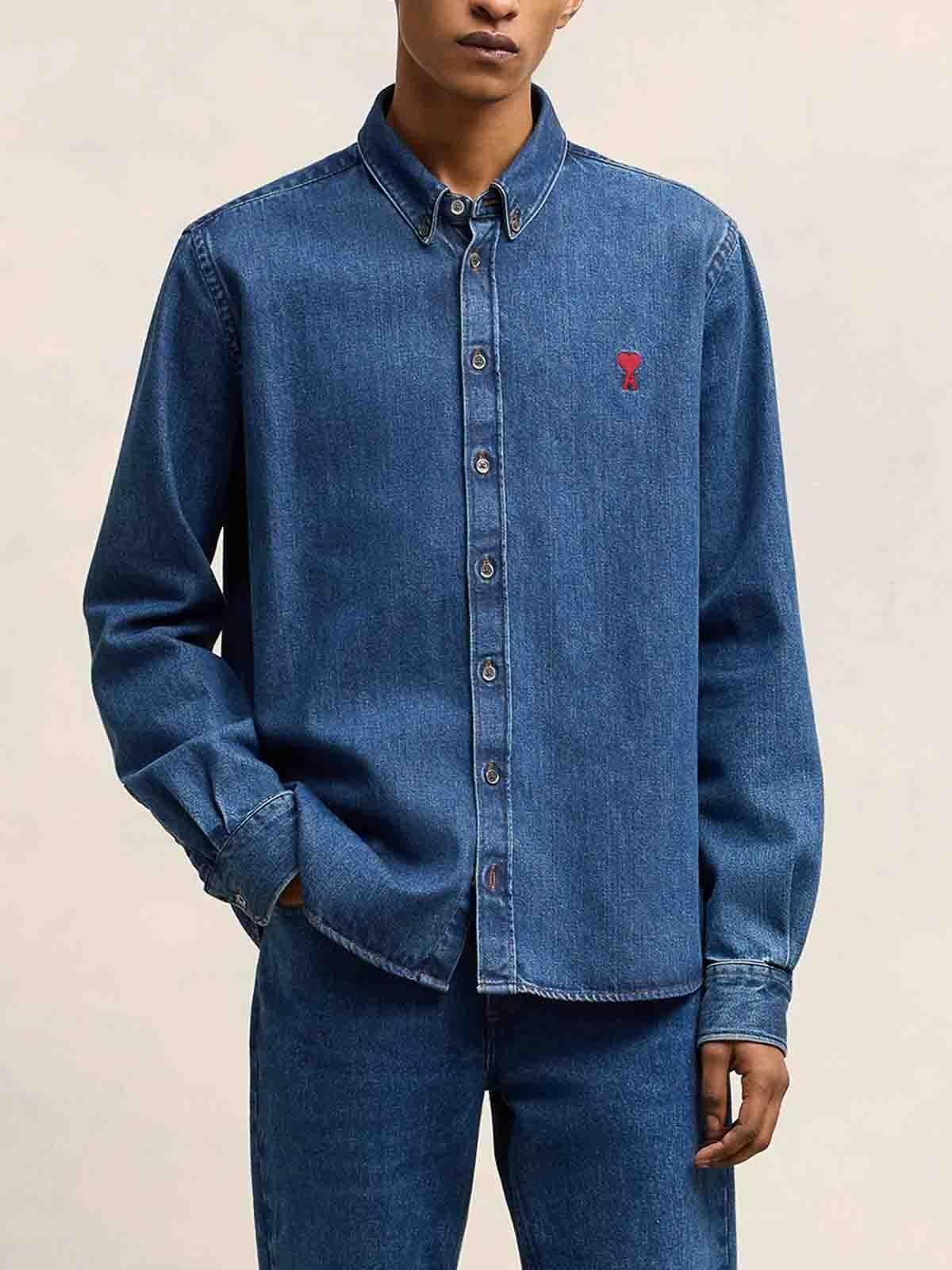 AMI ALEXANDRE MATTIUSSI Ami De Coeur-embroidered Denim Shirt In Dark Wash Product Image