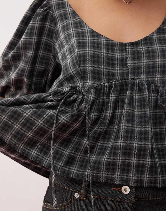 COLLUSION puff sleeve smock top with bunny tie detail in gray plaid Product Image