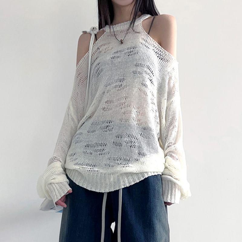 Long-Sleeve Crew Neck Cold Shoulder Plain Perforated Sheer Knit Top Product Image