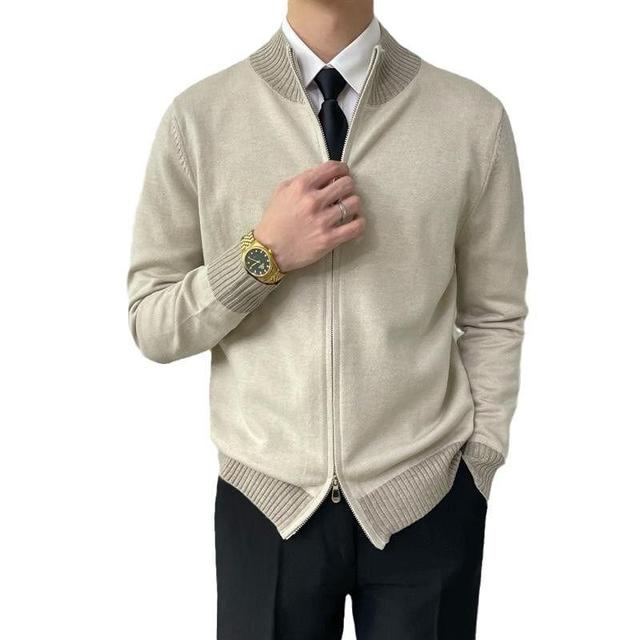 Stand Collar Contrast Trim Zip-Up Cardigan Product Image