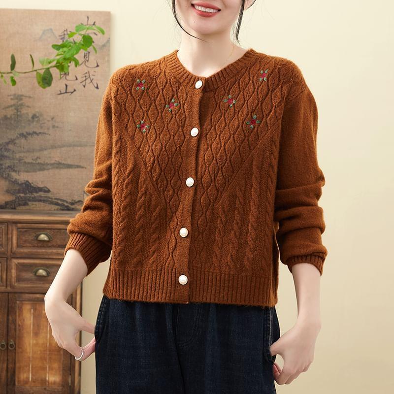 Round Neck Flower Embroidered Cable-Knit Cardigan Product Image