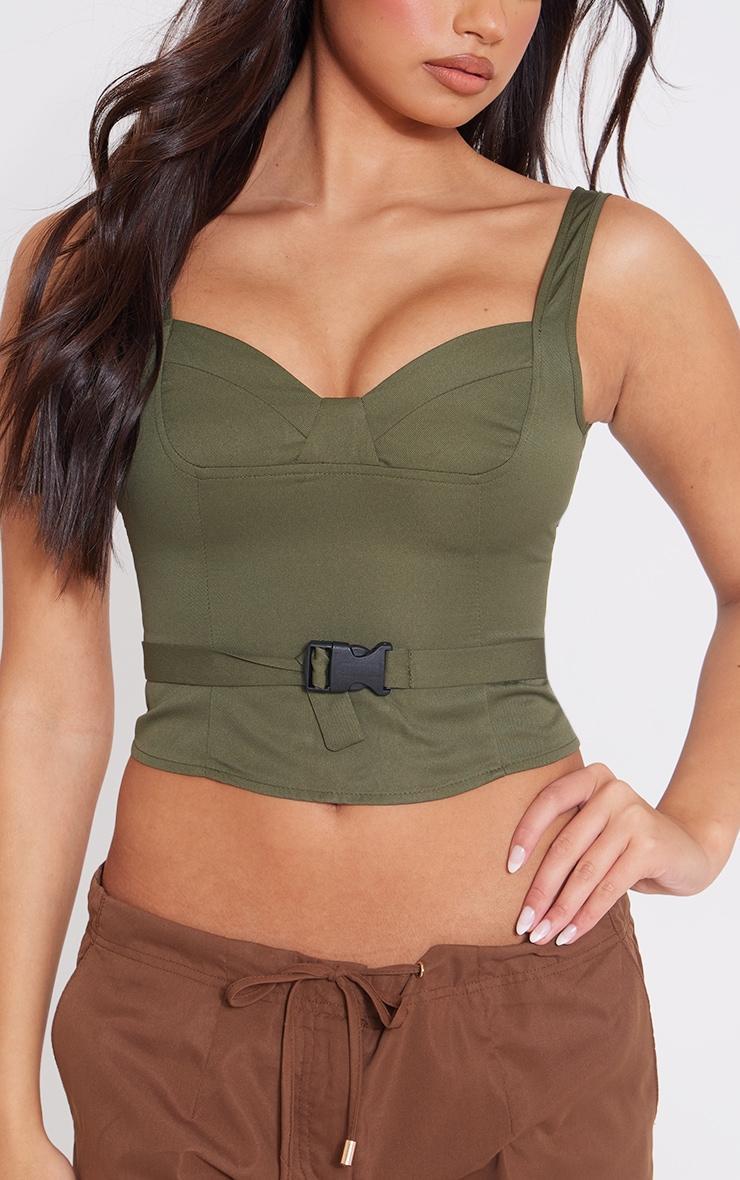 Olive Woven Bust Detail Buckle Front Top Product Image