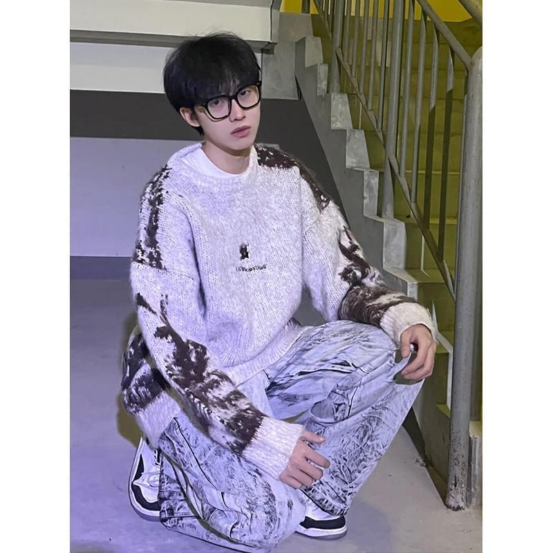 Crew Neck Tie Dye Lettering Embroidered Sweater Product Image