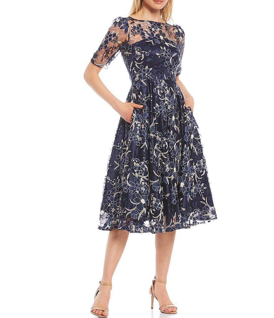 Eliza J Illusion Boat Neck Short Sleeve Sequin Embroidered Floral Lace A-Line Midi Dress Product Image