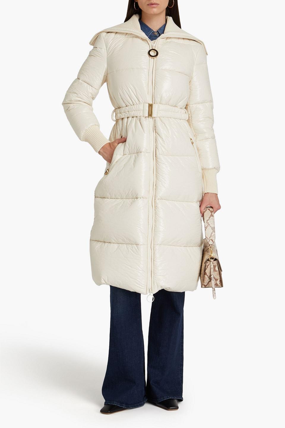 Belted Quilted Vinyl Down Coat In Cream Product Image