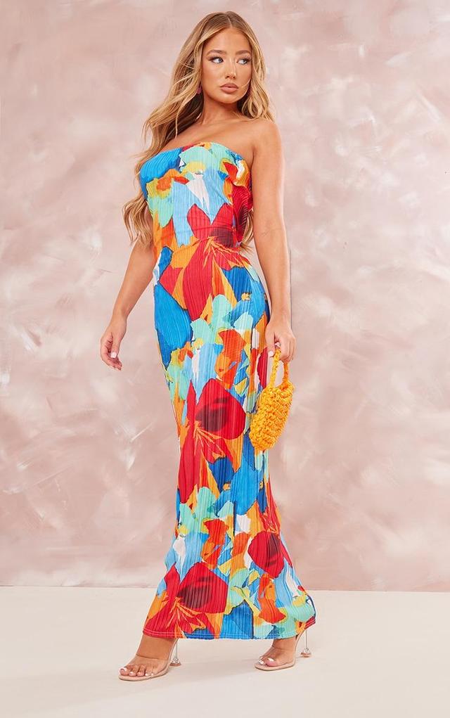 Multi Floral Abstract Print Plisse Bandeau Cowl Back Maxi Dress Product Image