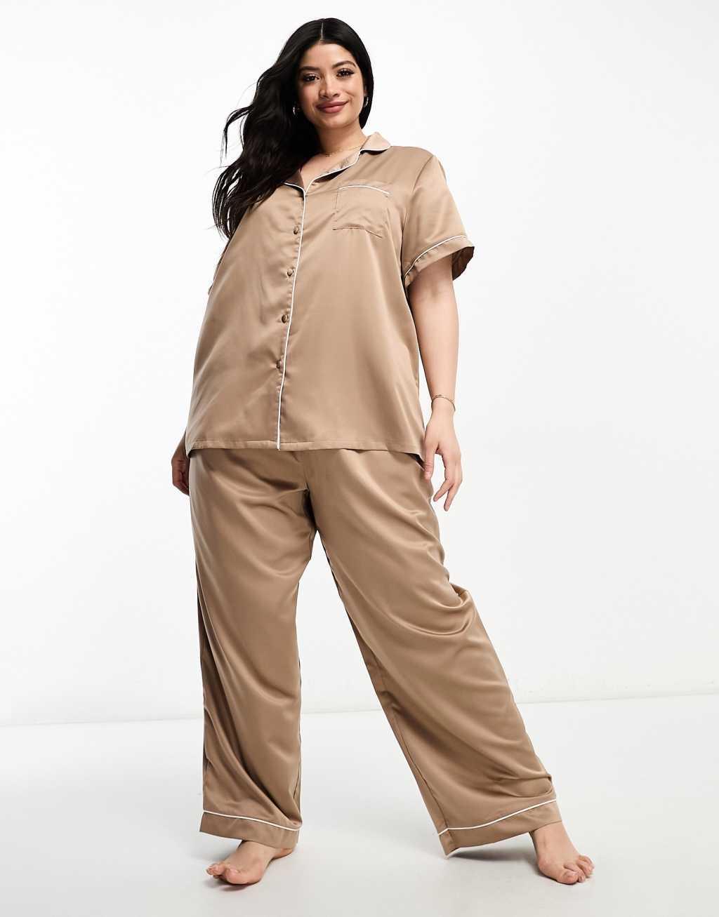 Loungeable Curve bridesmaid satin short sleeve camp collar shirt and pants Product Image