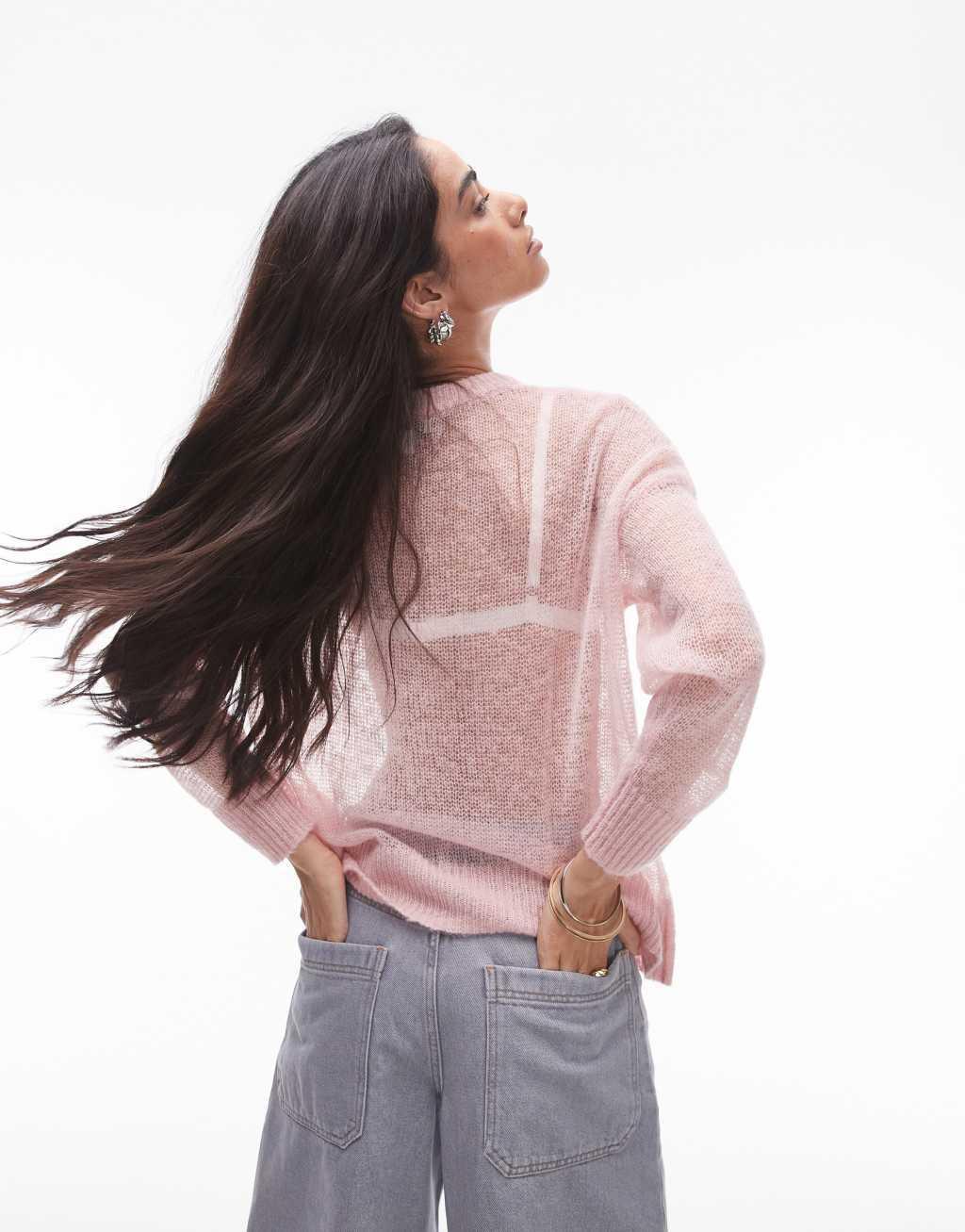 Topshop knit sheer longline sweater in pink Product Image