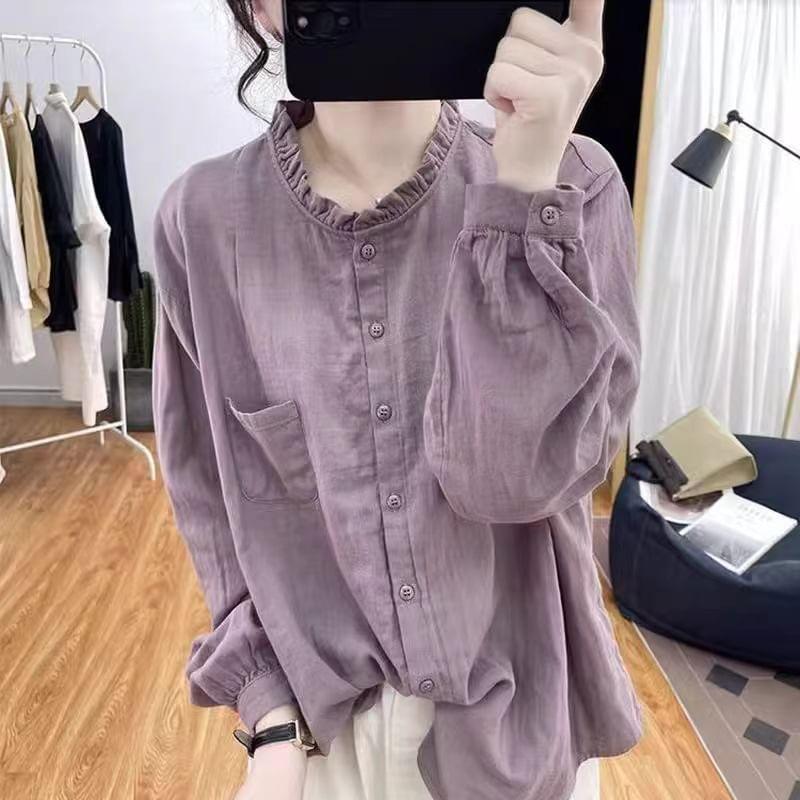 Long-Sleeve Plain Frill Trim Pocket Detail Blouse Product Image