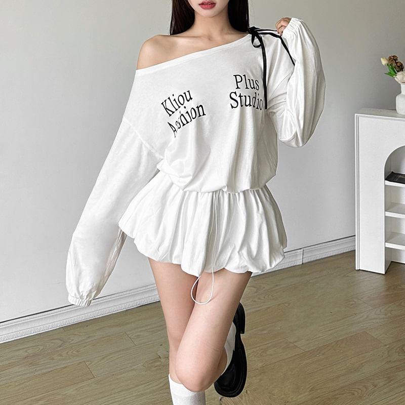 Long-Sleeve Off-Shoulder Lettering Print Striped Trim Drawstring Waist Mini A-Line Dress Product Image