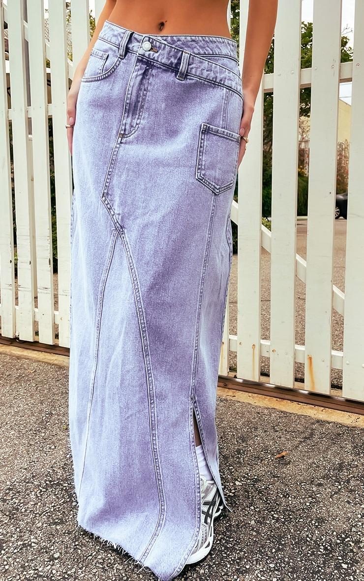 Blue Asymmetric Waistband Seam Detail Denim Maxi Skirt Product Image