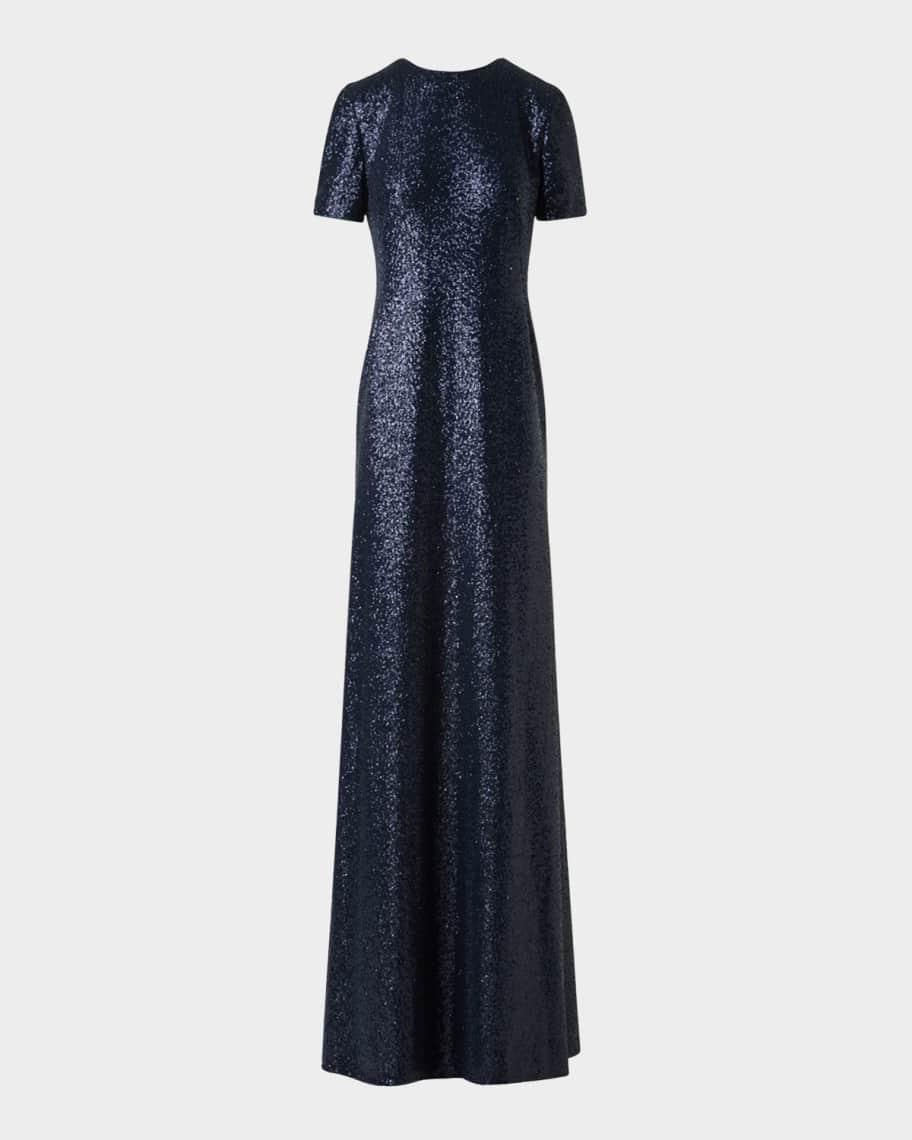 Short-Sleeve Stretch Paillette Jersey Gown Product Image