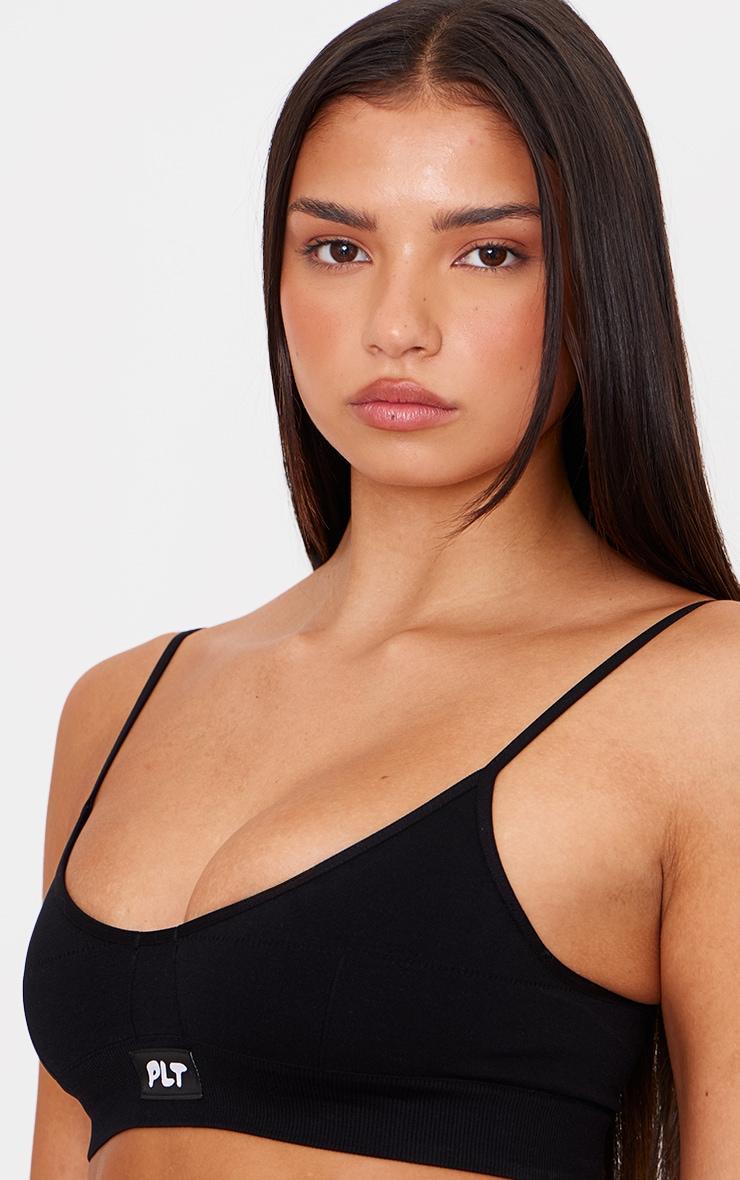 PRETTYLITTLETHING Black Woven Badge Seamless Bralette Product Image