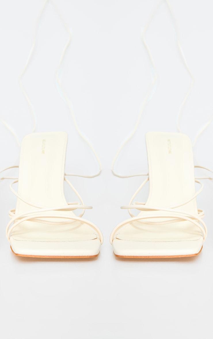 Cream PU Square Toe Strappy Lace Up Heeled Sandals Product Image