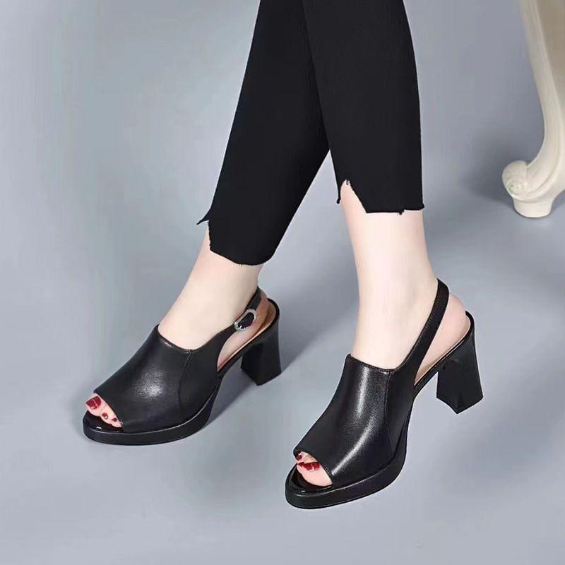 Block Heel Faux Leather Peep Toe Sandals Product Image