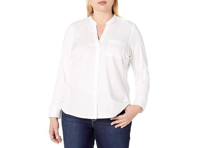 Calvin Klein Plus Size Mixed Media Long Sleeve Split Round Neck Button Front Top Product Image