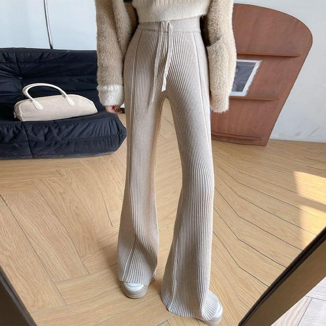 High Rise Plain Ribbed Flared Knit Pants Product Image