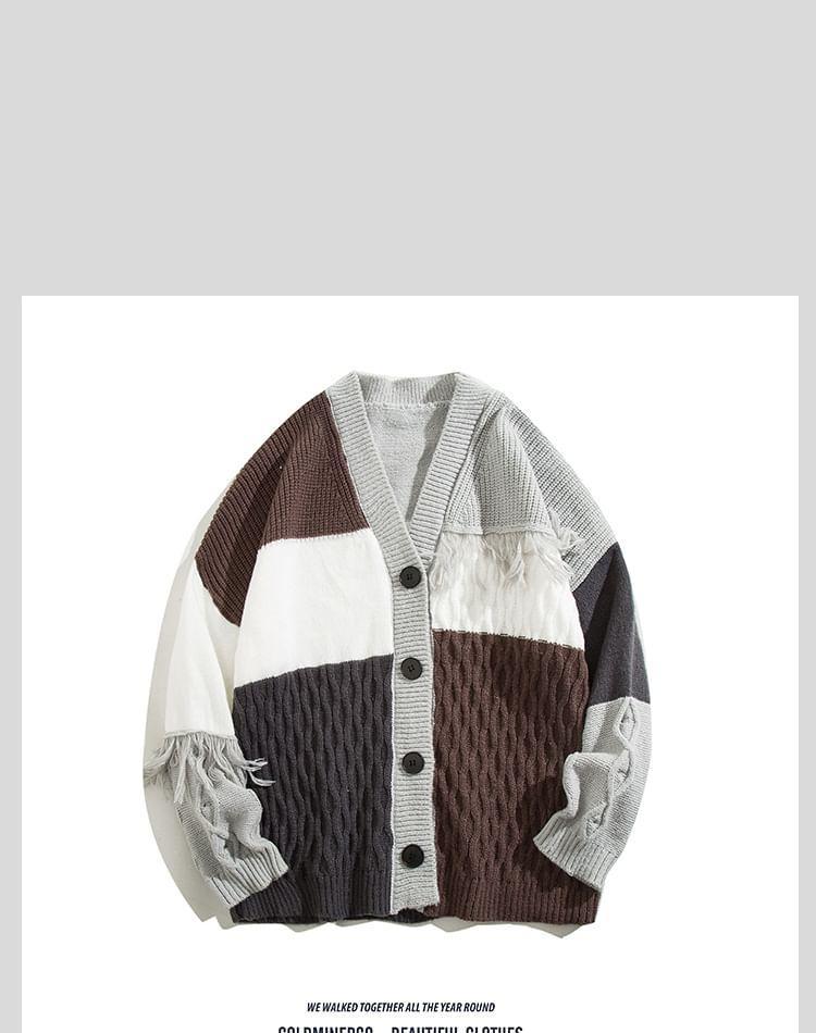 V-Neck Button-Up Color Block Cardigan Product Image