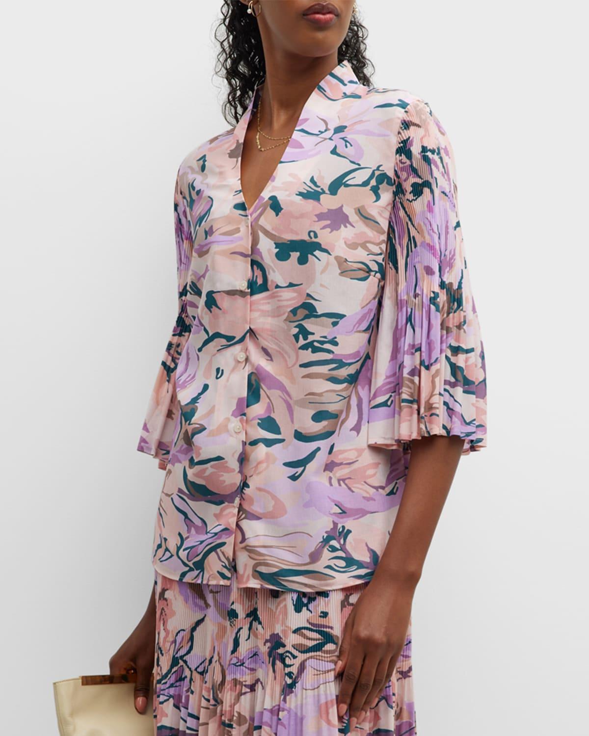 Crepe De Chine Floral-Print Blouse with Pleated Bell Sleeves Product Image