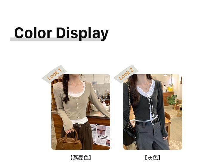 Long-Sleeve Scoop Neck Plain Button-Up Cropped Tee Product Image