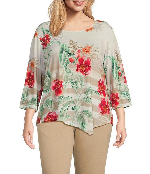 Allison Daley Plus Size Tropical Stripe Print 3/4 Sleeve Crew Neck Asymmetric Hem Embellished Knit Top Product Image