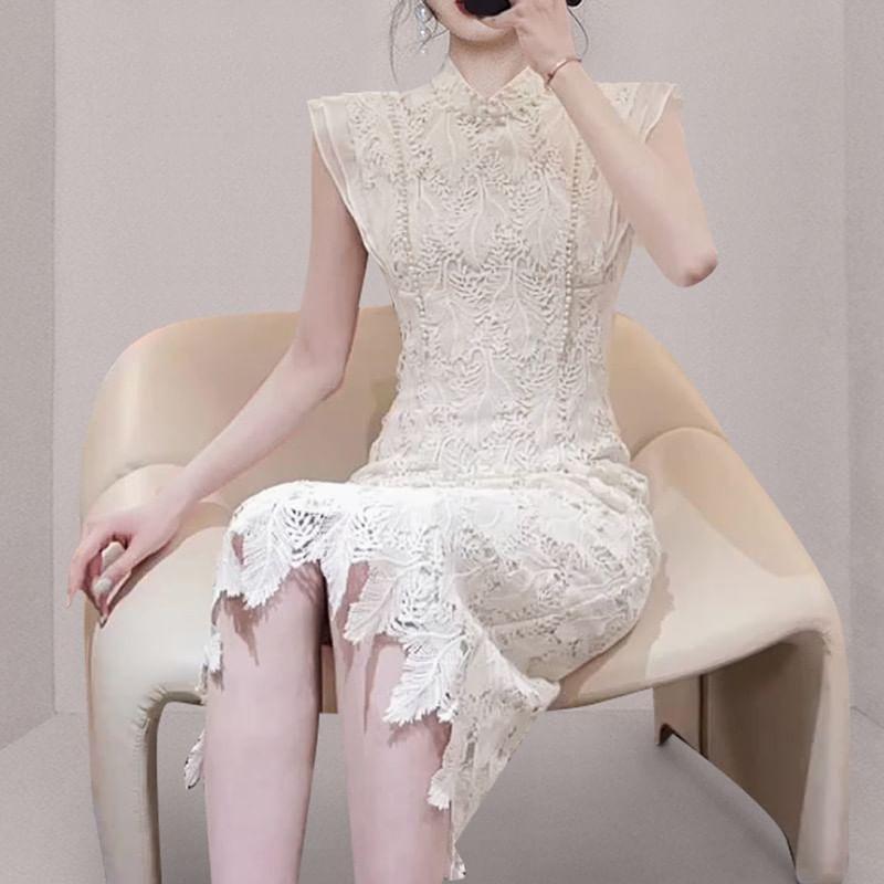 Sleeveless Stand Collar Plain Lace Sheath Midi Dress Product Image