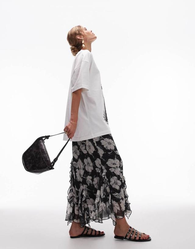 Topshop sketched vintage floral godet skirt in monochrome Product Image