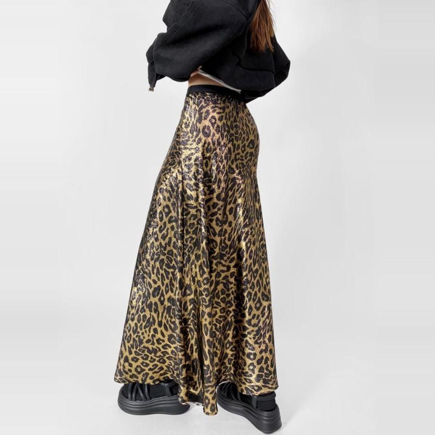 Low Waist Leopard Print Midi A-Line Skirt Product Image