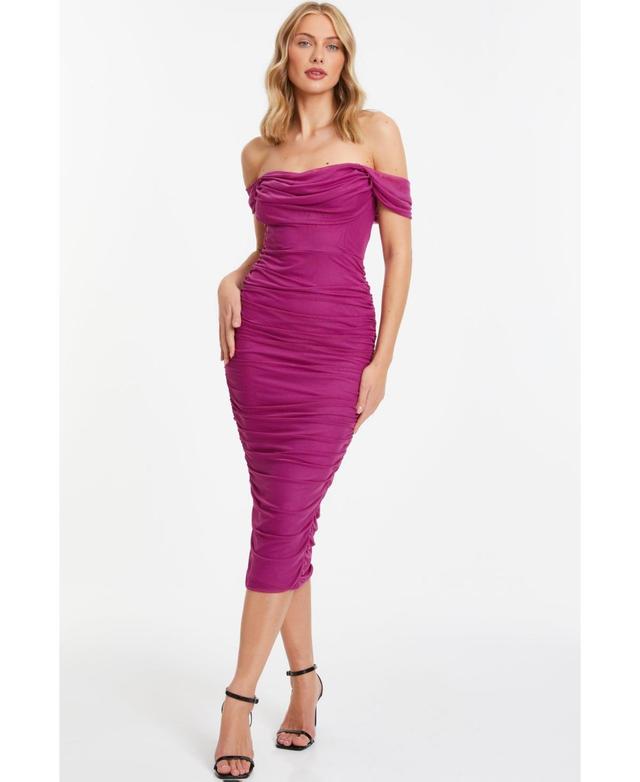 Women's Mesh Bardot Ruched Midi Dress Product Image