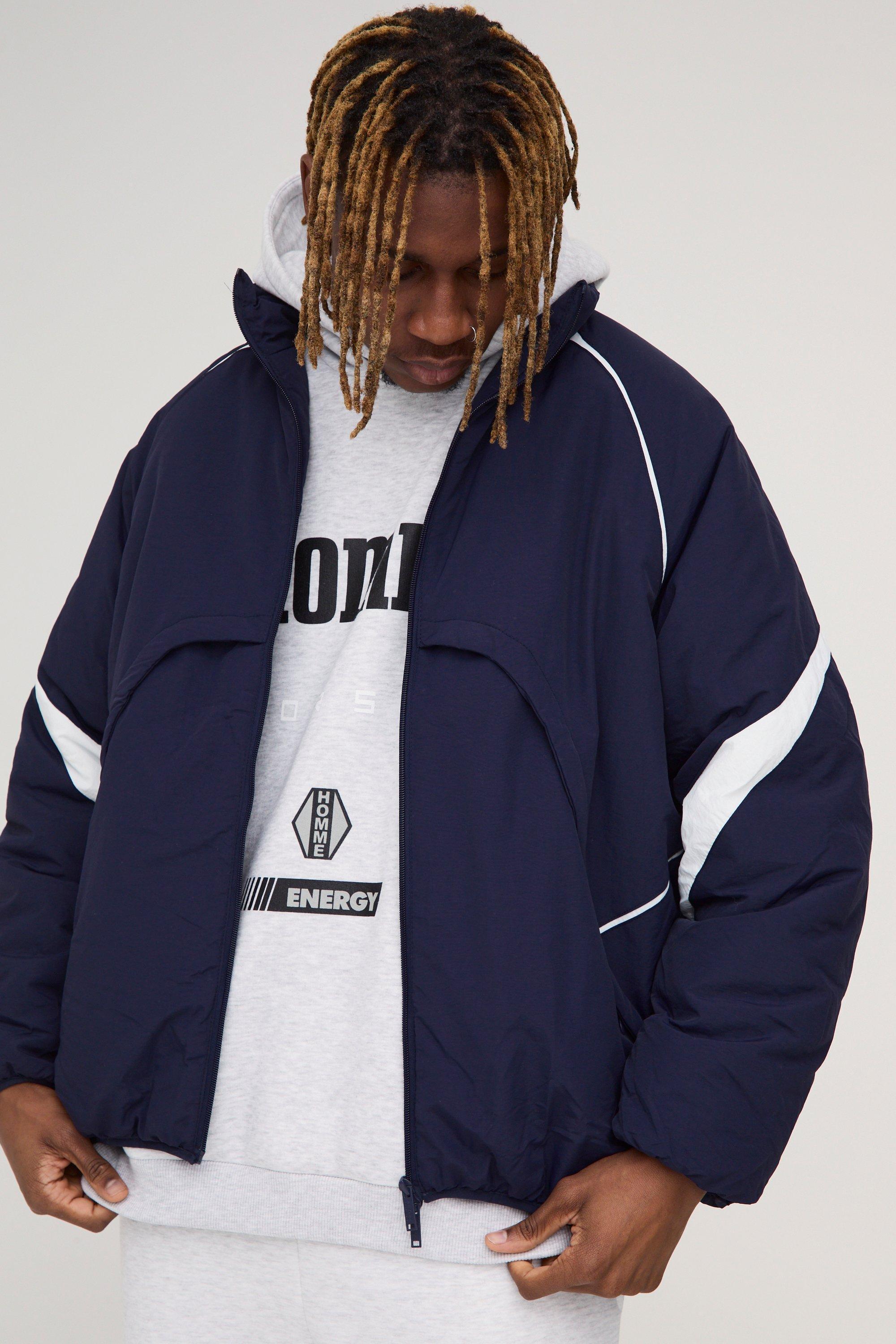 Tall Faux Layer Funnel Neck Parka Jacket In Navy | boohooMAN USA Product Image