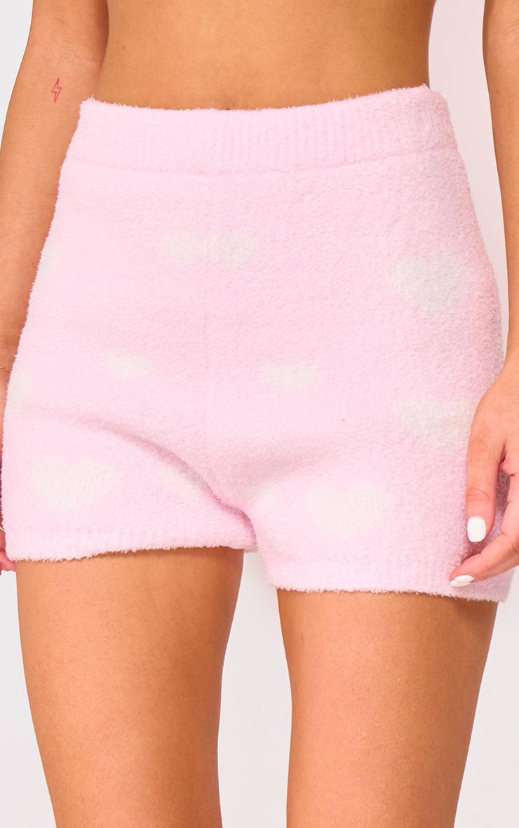 Pink Heart Detail Fluffy Knit Shorts Product Image