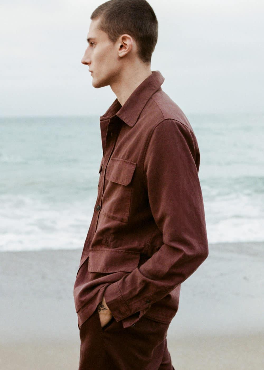 MANGO MAN - Linen overshirt with pockets burgundyMen Product Image