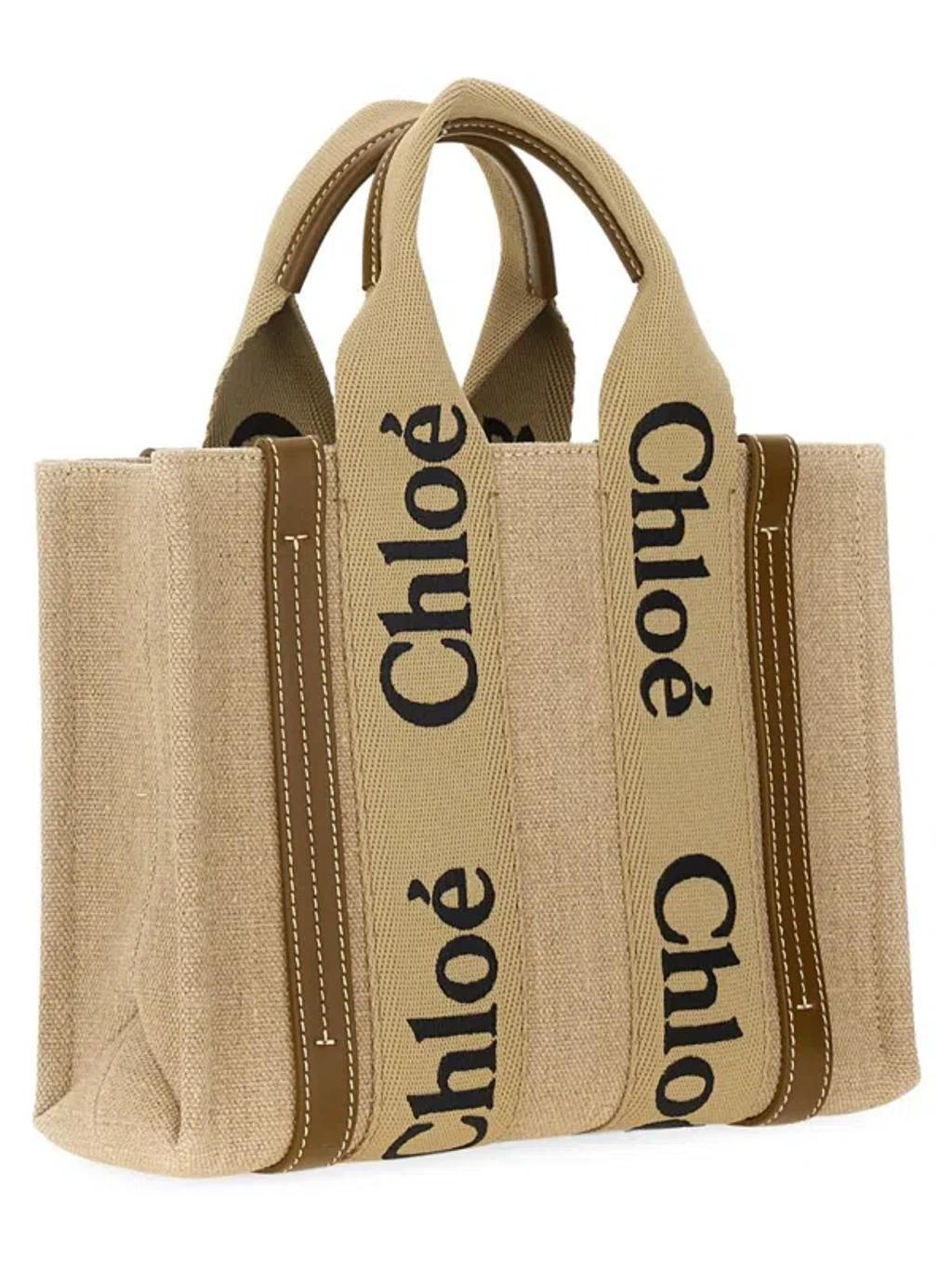 Multicolor Linen Small Woody Shopping Bag In Beige Product Image