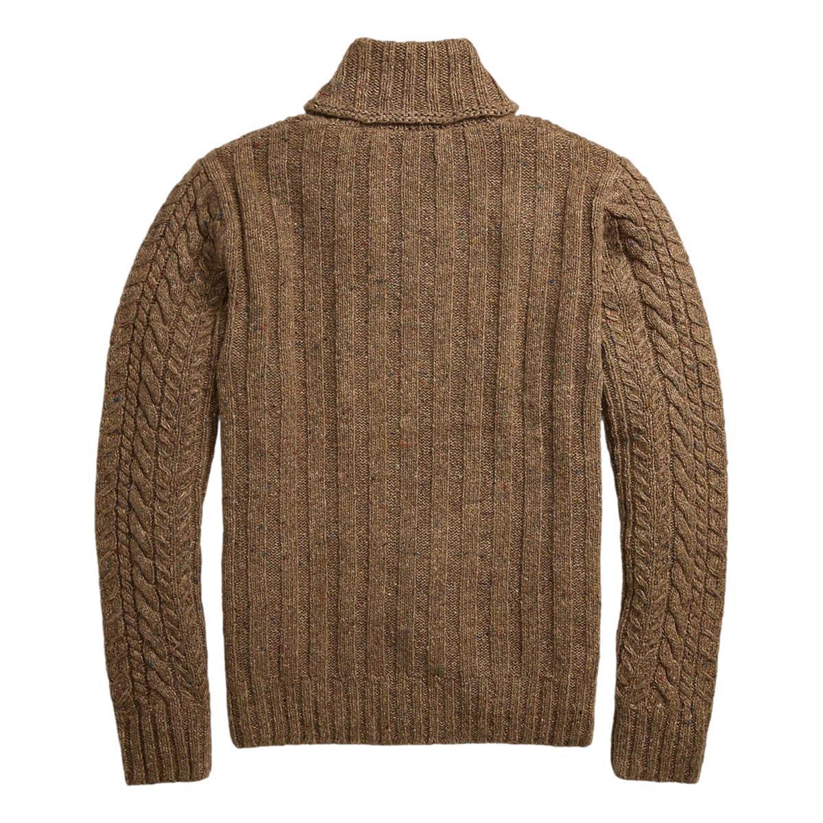 Aran-Knit Shawl-Collar Sweater Brown Heather Product Image