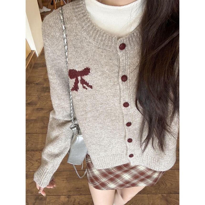 Crew Neck Bow Print Button-Up Cardigan Product Image