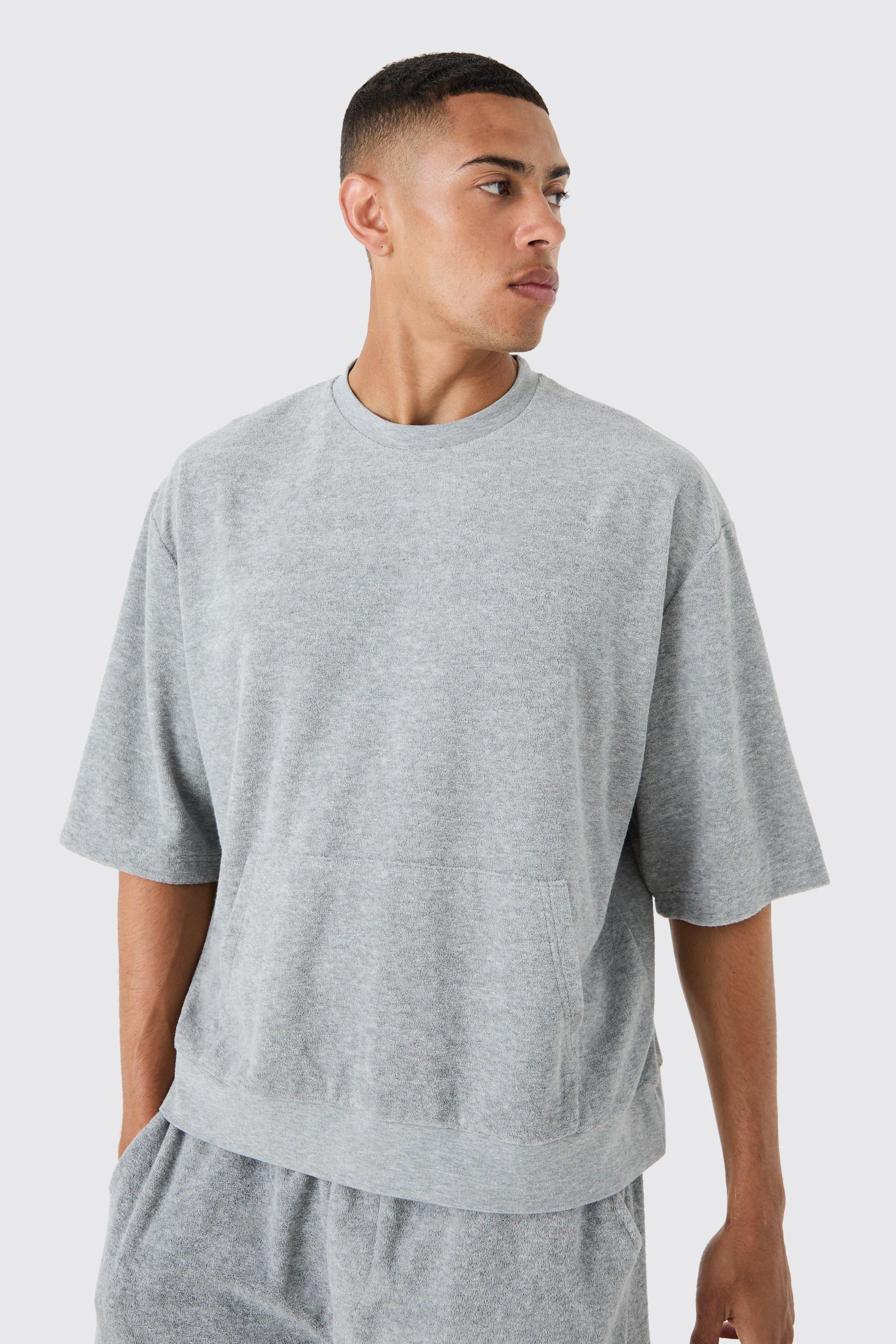 Mens Grey Short Sleeve Oversized Boxy Towelling Sweatshirt, Grey Product Image